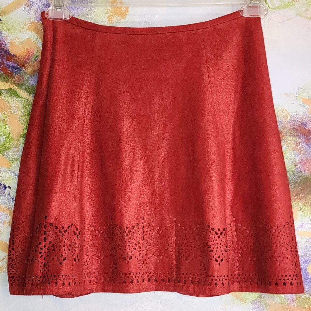 Express Women's Burnt Orange Red Suede Like Mini Skirt With Laser Cut Hem
